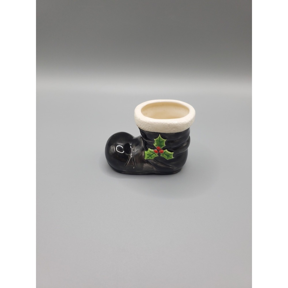 Vintage Ceramic Santa Boot: Black with Green Holly and Red Berries